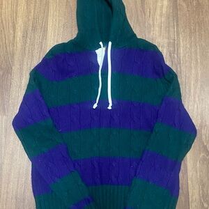 Polo Rugby by Ralph Lauren Green and Purple Striped Cable Knit Hoodie Sweater